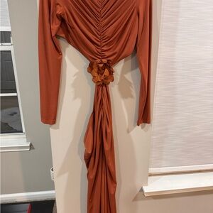 SAY Rust Draped Long Sleeve Gown with Floral Rosette – Size 42